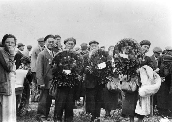 L-R Saburo Shinobu, Bunshiro Furukawa, Eikichi Kagetsu, and Toyo Kagetsu at the Vimy Memorial monument in France, 1936. NNM 2001.4.4.5.61.