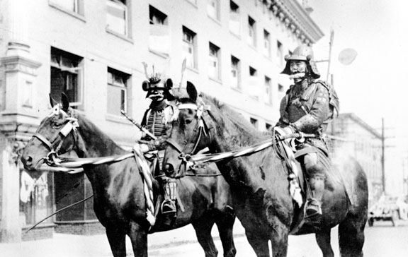 Samurai on horseback in Vancouver, circa 1930. Japanese Canadian Centennial Project fonds, NNM 2010.23.2.4.707