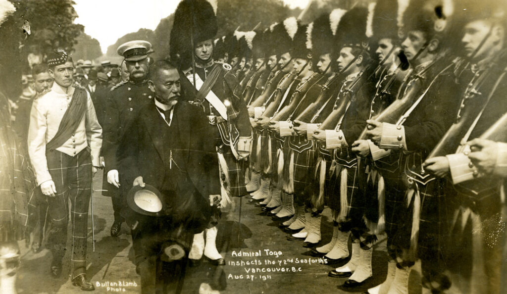Admiral Togo inspects the 72nd Seaforth Highlanders of Canada in Vancouver, 1911. UBC Special Collections, BC-1296.